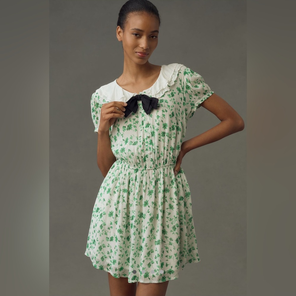 NEW Anthropologie/Maeve Short-Sleeve Collared Mini Dress, Medium, Green/White